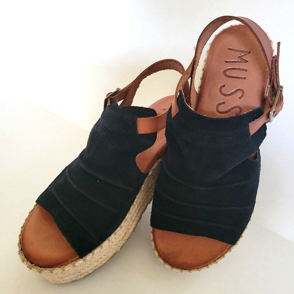 Musse & Cloud Black Espadrille Wedge Sandals with Tan Leather Trim